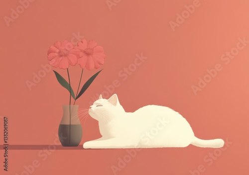 White cat relaxing by vase with flowers on warm coral background