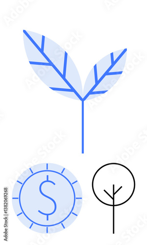 Two blue leaves with a stem, circular dollar coin, and simplified tree outline. Ideal for sustainability, finance, growth, eco-friendly practices, nature conservation investment balance. Flat