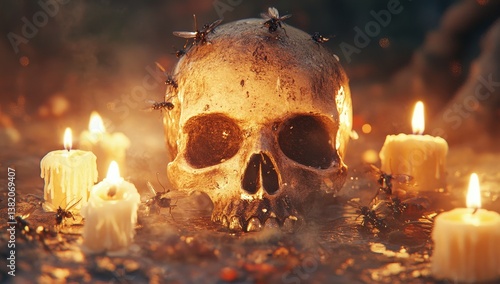 A magical altar with a human skull and cicadas, creatures often viewed as bugs, is the focal point of a ritual, embodying the concepts of Halloween, occult, esoteric, divination, and the practice of