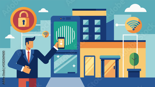A hotel using palm recognition to prevent unauthorized individuals from entering guest rooms.. Vector illustration