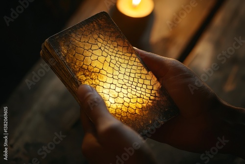 A burning candle sits on a worn fortune teller's table, behind a gypsy's hand that grasps a tarot card