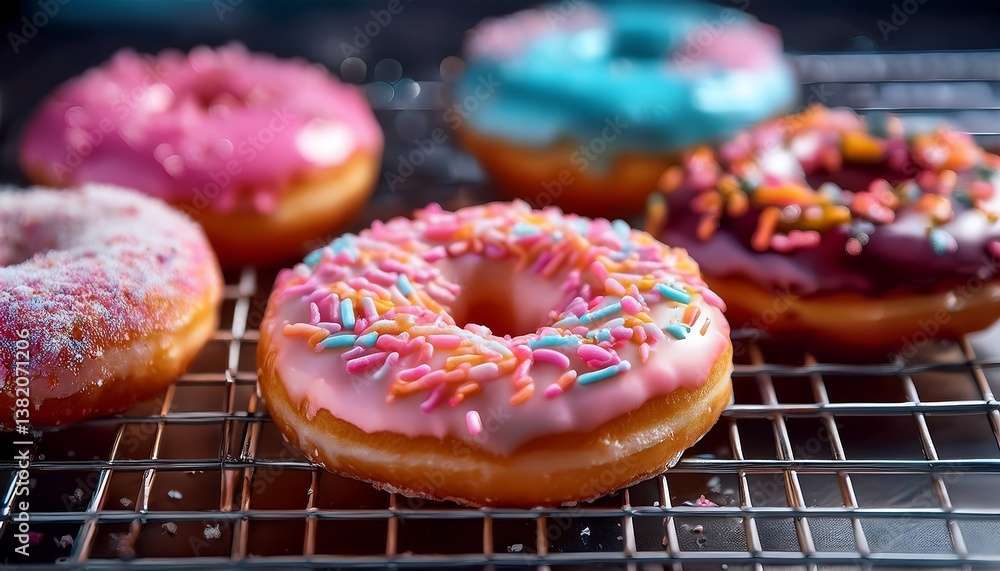 A variety of colorful donuts arranged in a box, featuring a mix of glazed, chocolate-coated, and sprinkled toppings. The assortment includes donuts with vibrant green, white, red, and chocolate