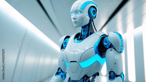 Corporate Humanoid Robot: White & Blue Neon for Business Innovation  Generative AI