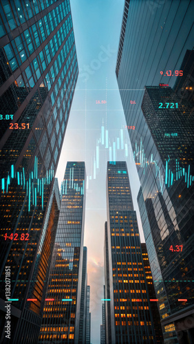 futuristic city skyline with financial graphs overlaying buildings, showcasing modern architecture and technology