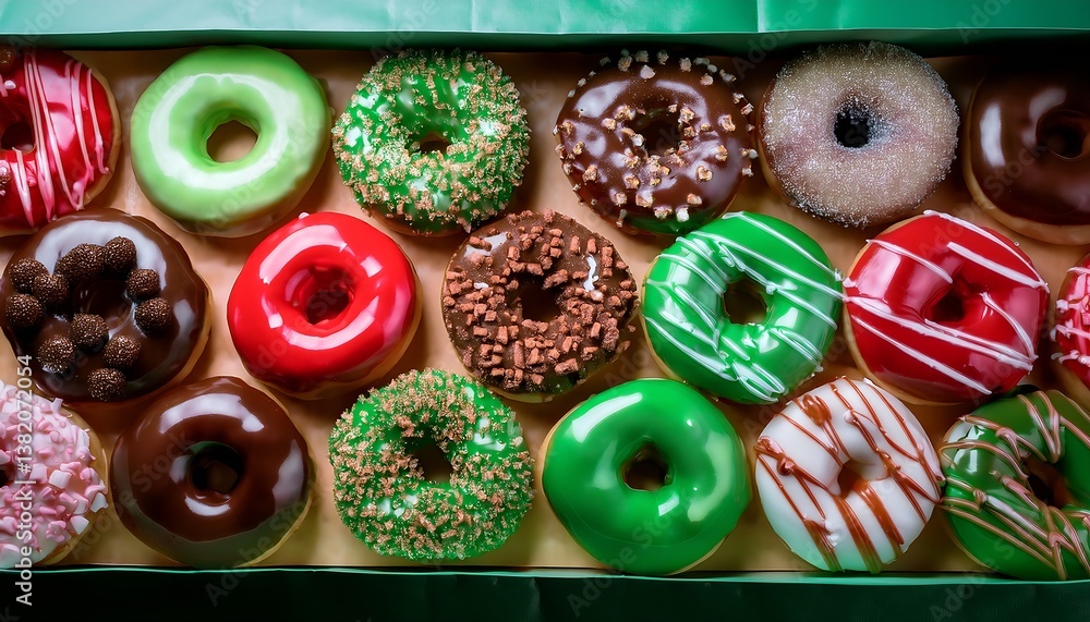 A variety of colorful donuts arranged in a box, featuring a mix of glazed, chocolate-coated, and sprinkled toppings. The assortment includes donuts with vibrant green, white, red, and chocolate