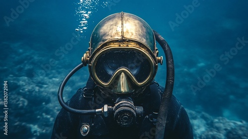 Vintage Scuba Diver Exploring Deep Underwater Realm with Antique Helmet