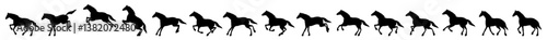 Set of silhouettes of a walking horse, a flying horse and a standing horse
