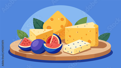 A rustic and romantic dessert cheese board featuring chunky slices of blue cheese honeycomb and fresh figs all served with a side of crispy oat. Vector illustration