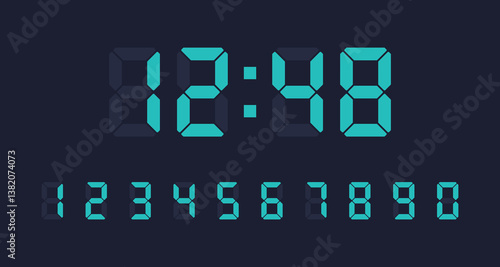 Electronic numbers set. Vector digital LED numbers set. Digital display number set for sign, alarm, calculator, clock, light, electronic, computer, watch, time. Vector illustration of LED digits.	
