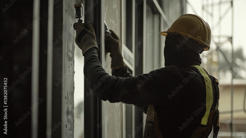 A construction worker sealing window frames at a building site. Featuring care and focus A construction worker sealing window frames at a building site. Featuring care and focus