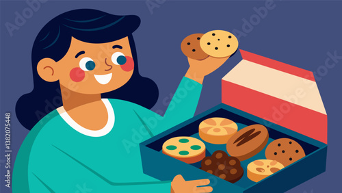 A shot of a friend looking through a box of various types of cookies and pastries trying to decide which one to indulge in during the movie.. Vector illustration