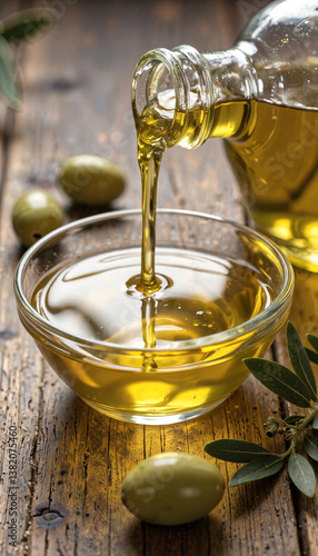 Pouring Extra Virgin Olive Oil into Bowl Glass Bottle Olives Wooden Background