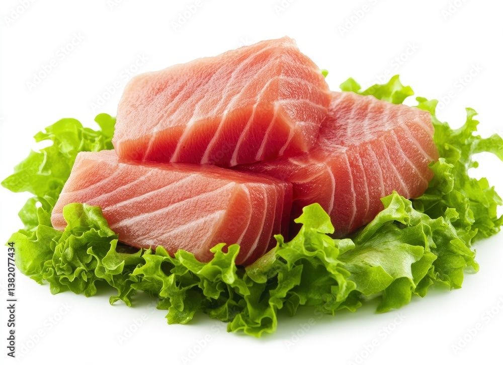Raw Tuna Steak on Lettuce Healthy Food Preparation Closeup Raw Tuna Steak on Lettuce Healthy Food Preparation Closeup