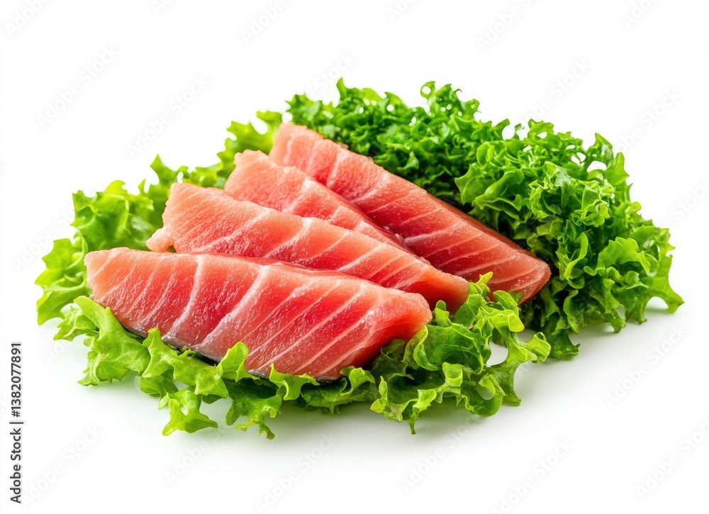 Raw Tuna Slices on Fresh Green Lettuce Ready to Be Served Raw Tuna Slices on Fresh Green Lettuce Ready to Be Served