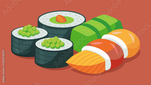 A selection of handrolled sushi rolls made with sustainably caught fish and organic veggies served with a side of edamame.. Vector illustration