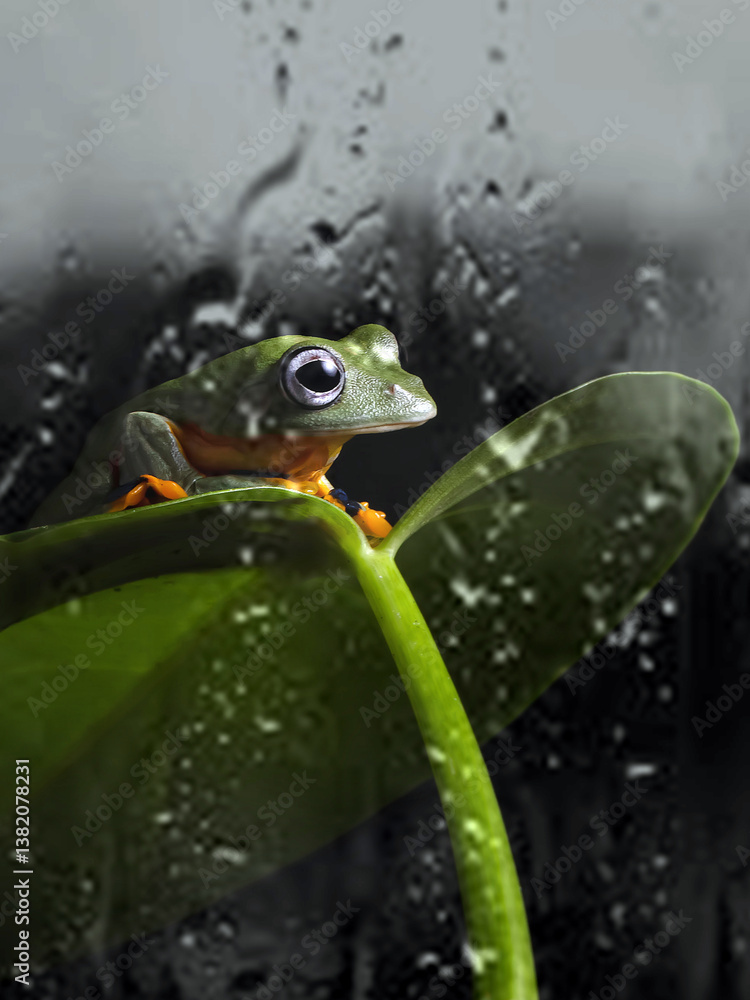 Fototapeta Beautiful close up images of cute Wallace Flying Frog, isolated with dark, black