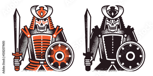 Cartoon illustration of a medieval knight with sword and shield, wearing armor and helmet, in a Halloween costume, as a skeleton warrior
