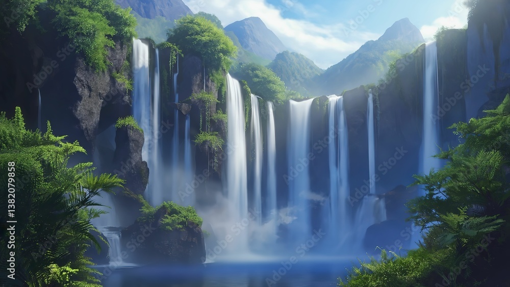 Naklejka premium Majestic Waterfall Beside Towering Mountain – Stunning Natural Scenery