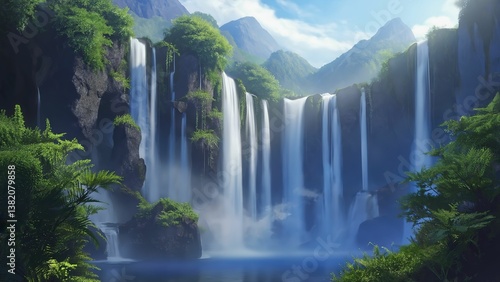 Majestic Waterfall Beside Towering Mountain – Stunning Natural Scenery