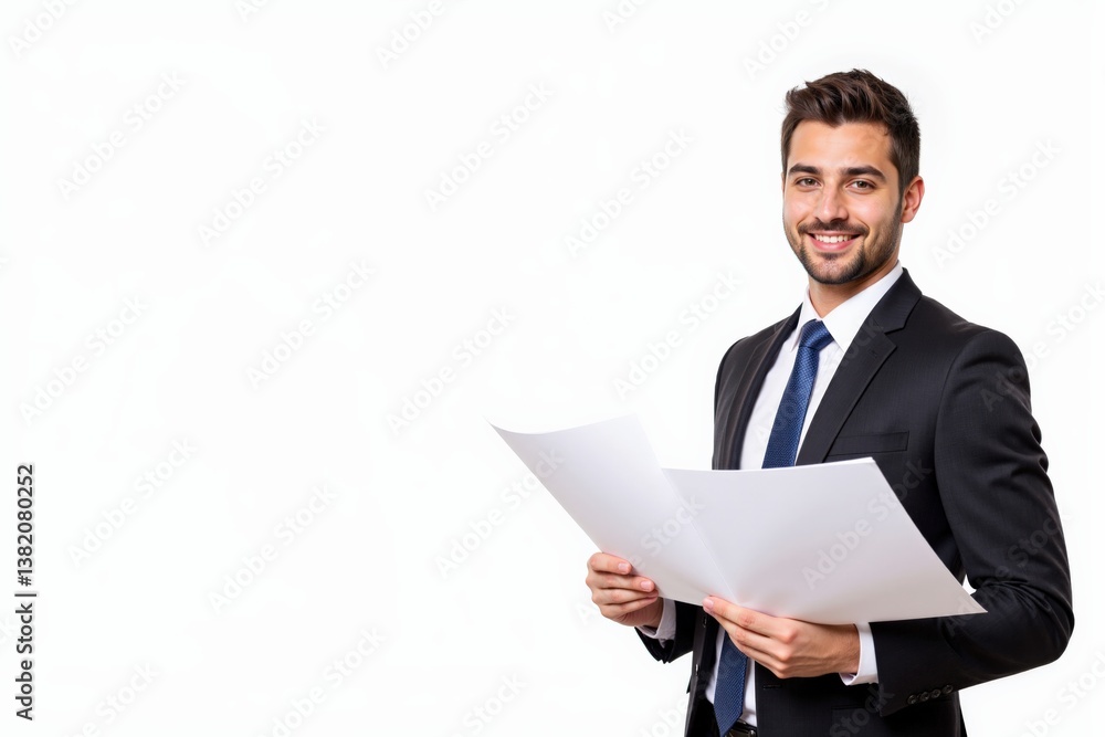 Confident Young Adult Male in Formal Suit Holding Documents with a Smile Against a Plain White Background, Exemplifying Professionalism and Preparedness Confident Young Adult Male in Formal Suit Holding Documents with a Smile Against a Plain White Background, Exemplifying Professionalism and Preparedness