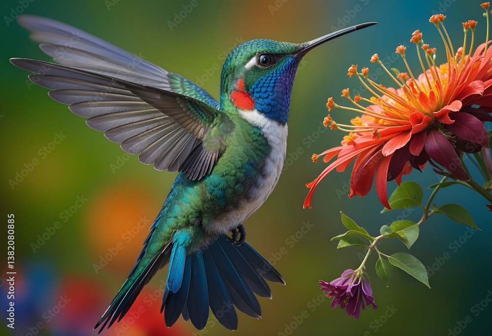 Fototapeta premium A colorful hummingbird with a vibrant green, blue, and red hovering near red flower
