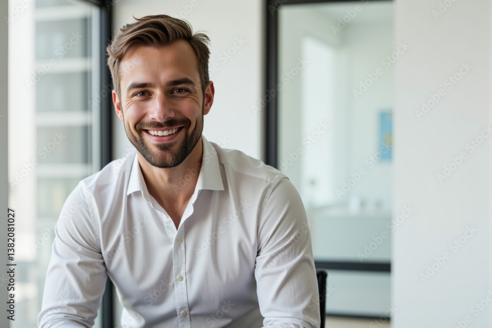 Smiling Caucasian Man in White Shirt Sitting in Modern Office Setting, Radiating Professional Confidence and Warmth Smiling Caucasian Man in White Shirt Sitting in Modern Office Setting, Radiating Professional Confidence and Warmth