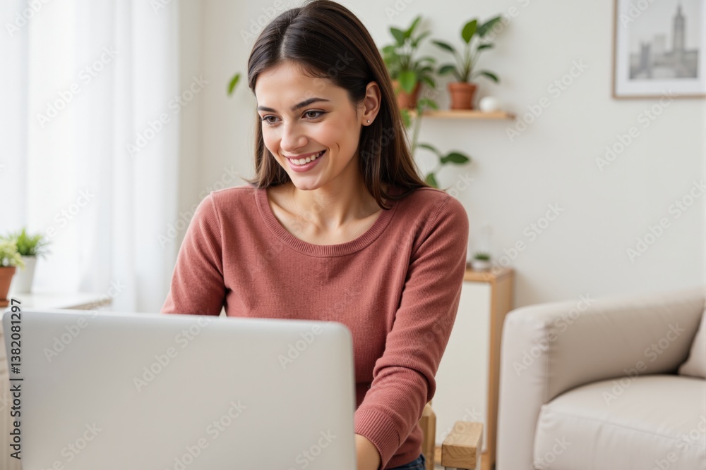 Fototapeta premium Engaged Young Adult Woman with Long Dark Hair Working on Laptop at Home in Cozy, Bright Living Space Surrounded by Indoor Plants