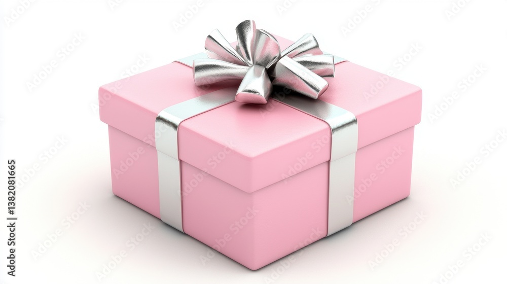 Elegant Pink Gift Box with Silver Ribbon and Bow on White Background Elegant Pink Gift Box with Silver Ribbon and Bow on White Background