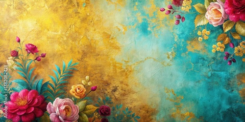 Vibrant Floral Arrangement on a Textured Golden and Teal Background Featuring Roses, Buds, and Lush Greenery