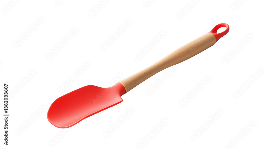 Red Silicone Spatula with Wooden Handle on Transparent Background Close Up Red Silicone Spatula with Wooden Handle on Transparent Background Close Up