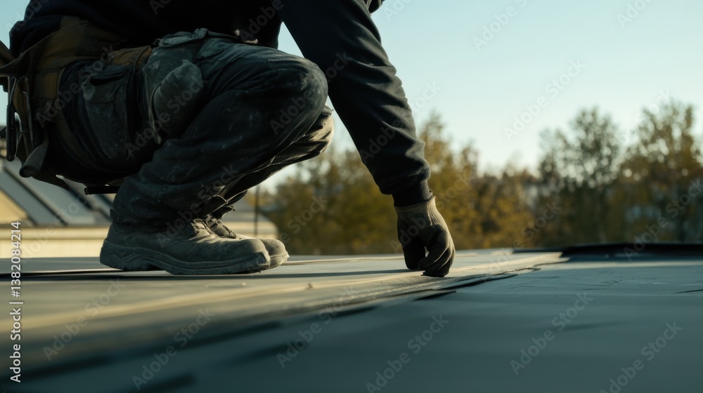 A construction worker securing roofing materials at a building site. Featuring strength and precision A construction worker securing roofing materials at a building site. Featuring strength and precision