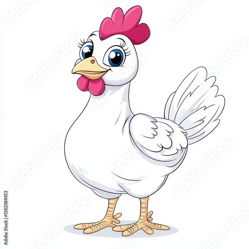 Adorable White Cartoon Hen with Pink Comb, Pixel Art Style, Generative AI.