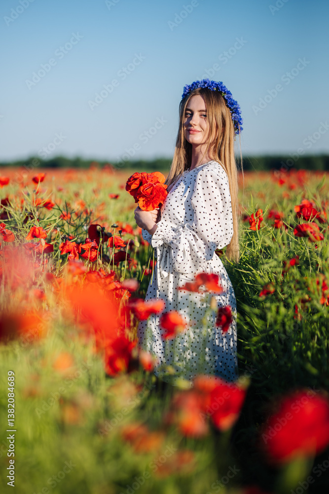 Young woman wearing flower crown, radiating happiness while holding poppy bouquet amid blooming scarlet field Young woman wearing flower crown, radiating happiness while holding poppy bouquet amid blooming scarlet field