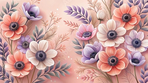 Elegant Blossom Arrangement Featuring Delicate Pastel Anemones and Graceful Foliage on a Soft Pink Background