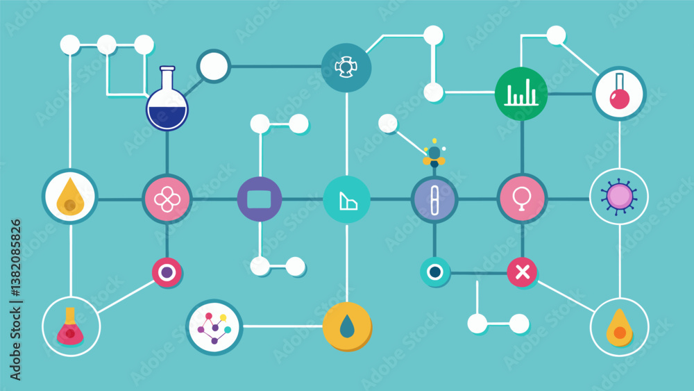 A network diagram showcasing the various pathways for electron transfer in a chemical reaction highlighting the key intermediates and products.. Vector illustration A network diagram showcasing the various pathways for electron transfer in a chemical reaction highlighting the key intermediates and products.. Vector illustration