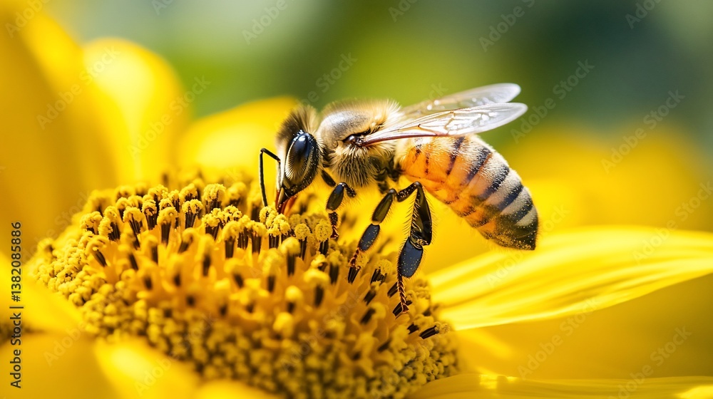 Fototapeta premium Honeybee pollinating sunflower in garden, close-up
