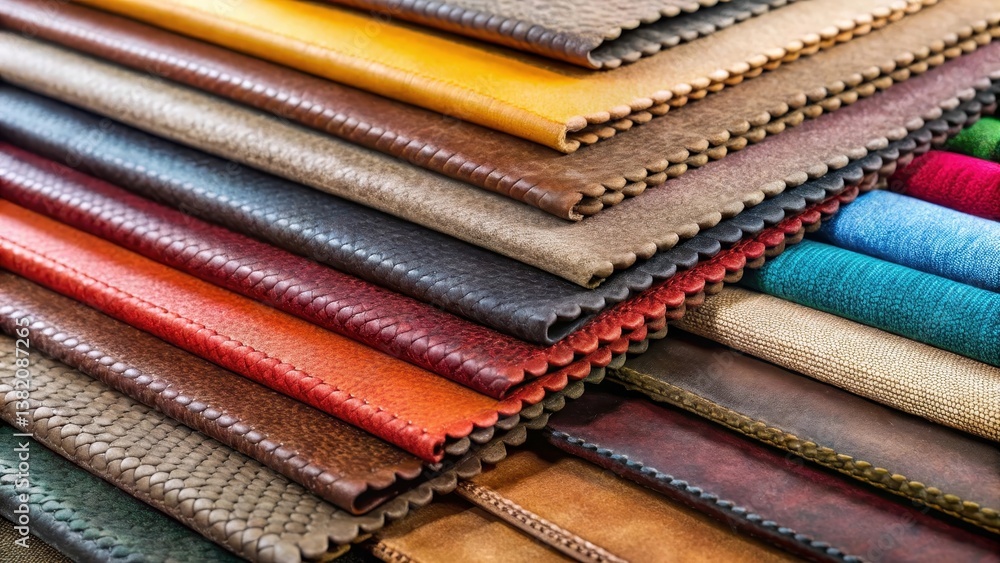 Colorful close-up samples of various upholstery fabrics in leather and suede, showcasing different textures and patterns on furniture renovation projects , design inspiration, furniture decoration Colorful close-up samples of various upholstery fabrics in leather and suede, showcasing different textures and patterns on furniture renovation projects , design inspiration, furniture decoration