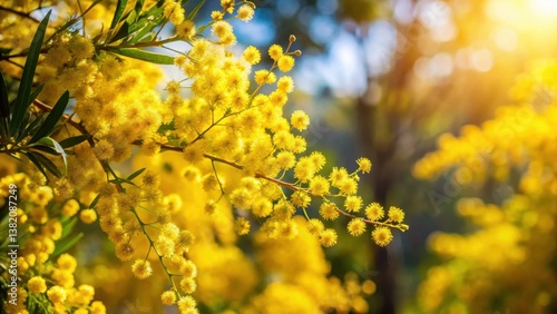 Fototapeta Naklejka Na Ścianę i Meble -  Australian Golden Wattle in full bloom with bright yellow flowers on a background, Soft sunlight filters through the trees as the golden wattle blooms , wildflowers, outdoors