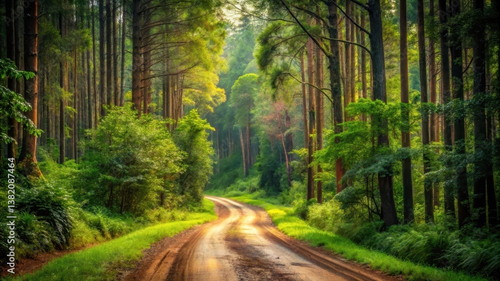 Naklejka premium A winding dirt road in a secluded forest, surrounded by towering trees and overgrown vegetation, showcasing the isolation and natural beauty of the area, nature, forest road