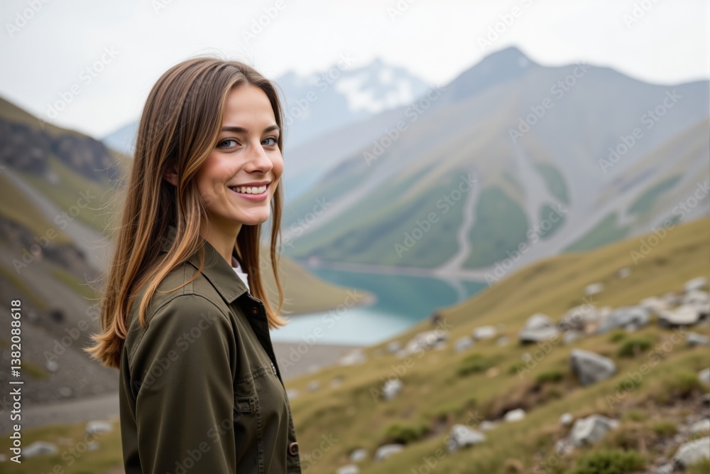 Smiling Young Woman Enjoying a Scenic Mountain View During Daytime in a Natural Landscape with Rolling Hills and a Serene Lake Smiling Young Woman Enjoying a Scenic Mountain View During Daytime in a Natural Landscape with Rolling Hills and a Serene Lake