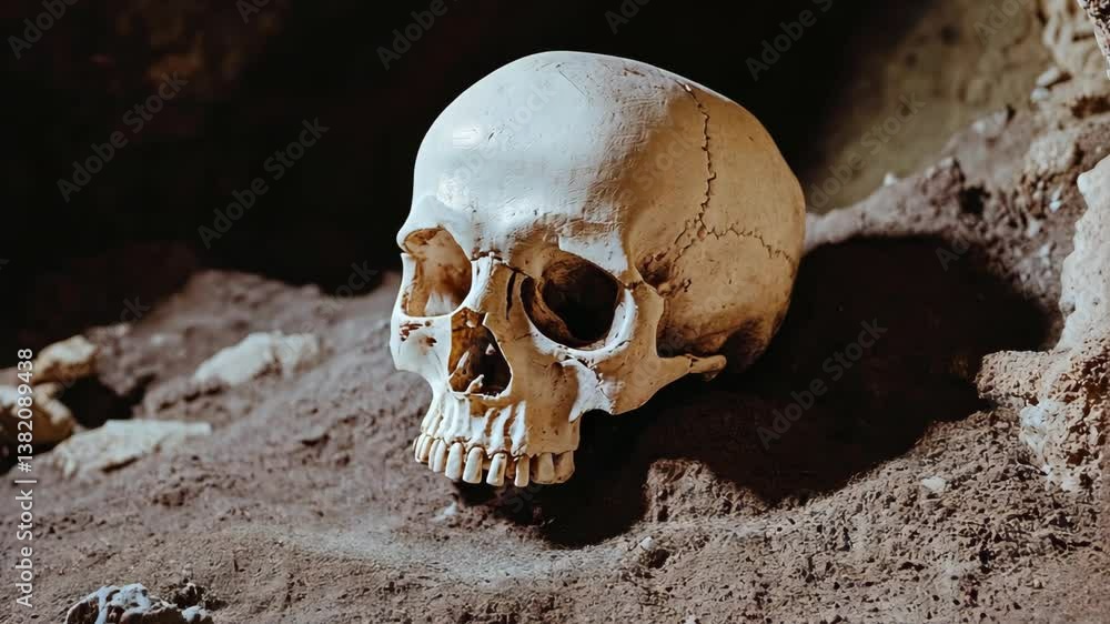 Exploring an ancient burial site with a skull resting on the ground surrounded by earth and rock formations at dusk