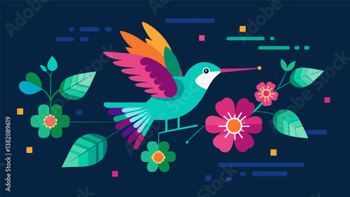 A hummingbird darting from one digital flower to another showcasing the lightningfast pace of highspeed data transmissions.. Vector illustration