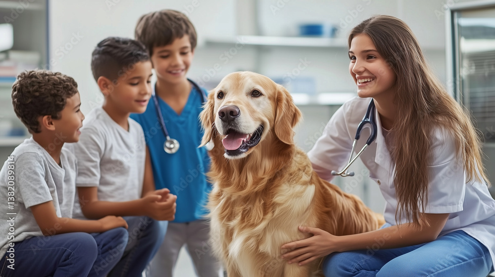 Veterinarian with stethoscope and several children interacting with a happy golden retriever at a clinic, emphasizing pet care and joy. Image made using Generative AI. Veterinarian with stethoscope and several children interacting with a happy golden retriever at a clinic, emphasizing pet care and joy. Image made using Generative AI.