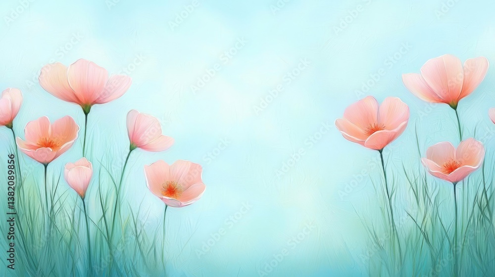 Fototapeta premium Captivating pink floral painting on a serene blue canvas background, modern art masterpiece