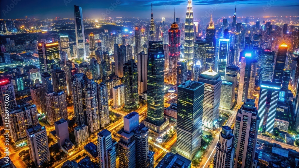 Obraz premium Aerial view of a sprawling metropolis with towering skyscrapers and neon lights illuminating the night sky , metropolitan area, nightlife