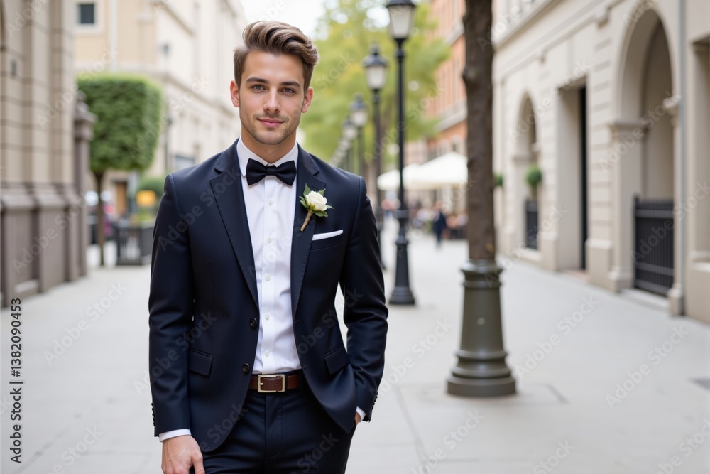 Smartly Dressed Young Caucasian Man in a Formal Suit with Bowtie and White Floral Boutonniere, Standing on a Charming City Street with Elegant Architecture Smartly Dressed Young Caucasian Man in a Formal Suit with Bowtie and White Floral Boutonniere, Standing on a Charming City Street with Elegant Architecture