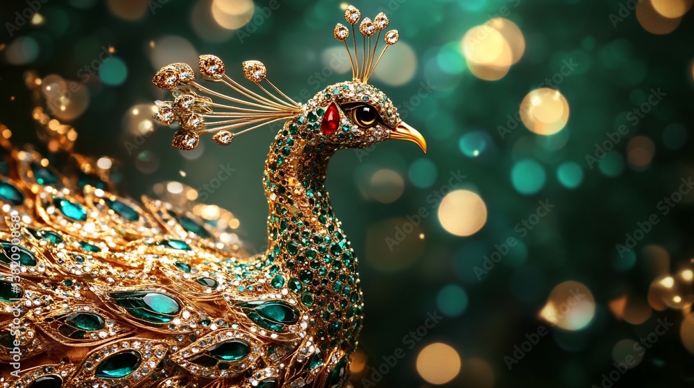 Obraz premium Jeweled Peacock Figurine on Glittering Background