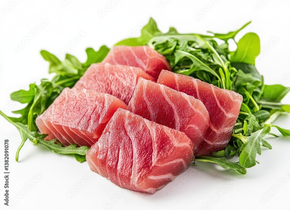 Fresh Tuna Sashimi Cuts on Arugula Leaves for Healthy Eating Fresh Tuna Sashimi Cuts on Arugula Leaves for Healthy Eating