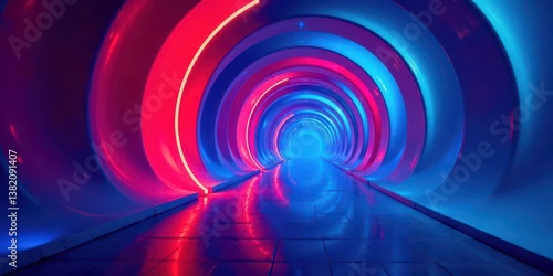 Illuminated passageway with vibrant concentric circles of red and blue light reflecting on a polished floor