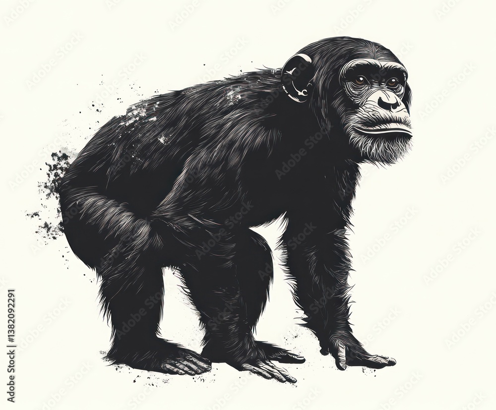 Fototapeta premium Chimpanzee portrait, jungle backdrop, isolated, graphic art, print.